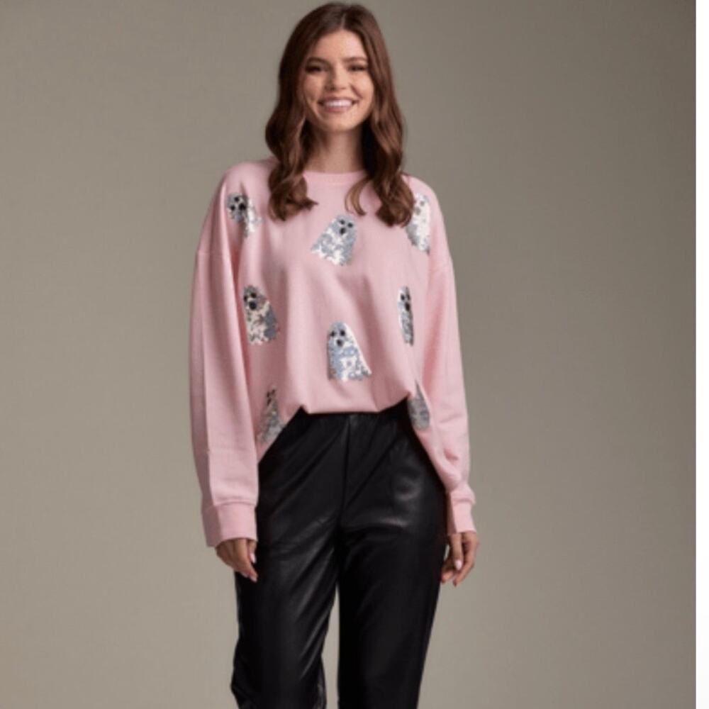 NWT Pink GHOST SPARKLE Sweatshirt by Mud Pie One Size